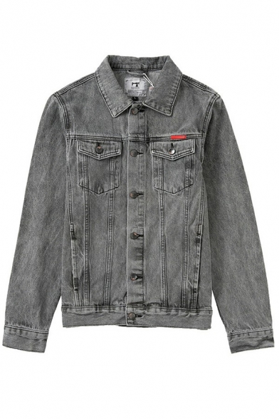 Casual Mens Denim Jacket Solid Color Button Closure Long Sleeve Turn down Collar Fitted Jacket