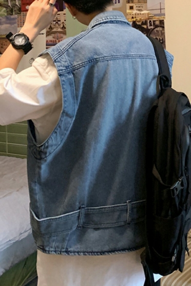 Casual Mens Vest Solid Color Spread Collar Button Closure Chest Pockets Relaxed Fitted Denim Vest