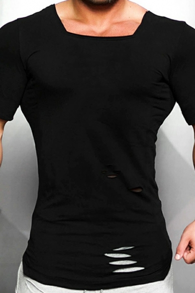 Chic Mens Tee Top Plain Color Short Sleeve Square Neck Ripped Design Slim Fitted T-Shirt