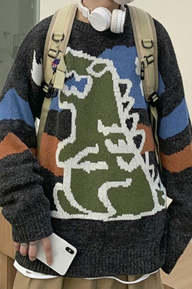 Chic Sweater Cartoon Dinosaur Patterned Round Neck Long Sleeve Relaxed Sweater for Guys