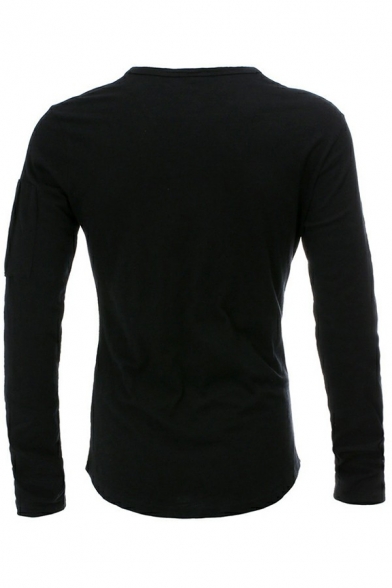 Classic Mens Tee Top Solid Zip Detail Crew Neck Long Sleeve Fitted Tee Top