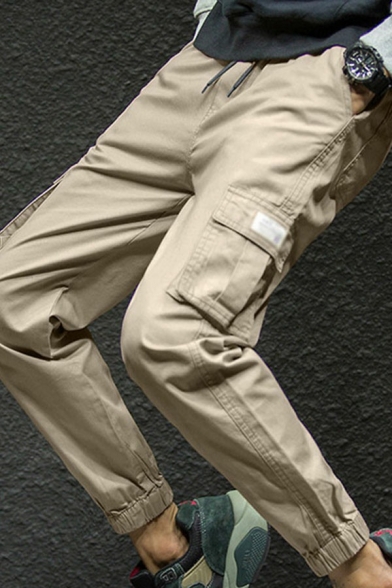 Comfy Pants Plain Elasticated Waist Drawcord Flap Pocket Relaxed Cargo Pants for Men