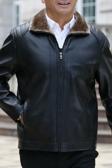 Cool Mens Coat Pure Color Pocket Detail Lapel Collar Long-Sleeved Relaxed Zipper Leather Coat