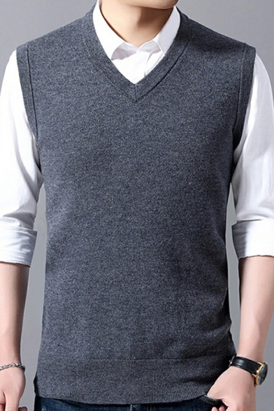 Daily Mens Knit Vest Plain Color Rib Trim V-Neck Sleeveless Slim Fitted Knit Vest