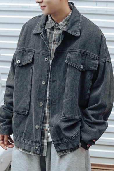 Elegant Guy's Jacket Whole Colored Chest Pocket Turn-down Collar Loose Fitted Denim Jacket