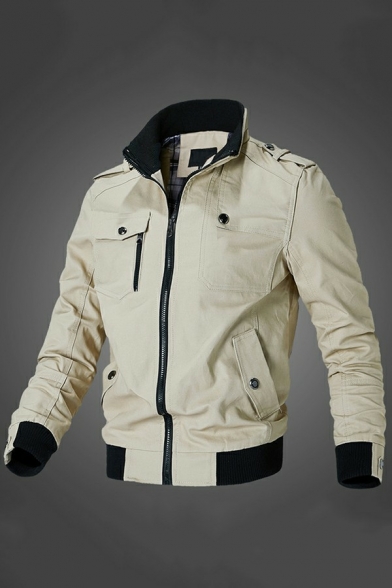 Fashion Guy's Jacket Contrast Trim Multi-Pocket Detailed Stand Collar Slim Zip Fly Jacket