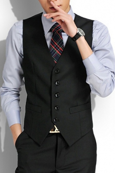 Fashionable Mens Suit Vest Solid Belt Back Detailed V Neck Skinny Sleeveless Button Placket Suit Vest