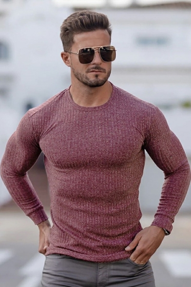 Fashionable Mens T-Shirt Pure Color Crew Neck Long-Sleeved Slim Fit T-Shirt