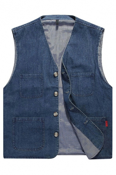 Freestyle Vest Pure Color Multi-Pockets Sleeveless V-Neck Regular Button Up Denim Vest for Boys