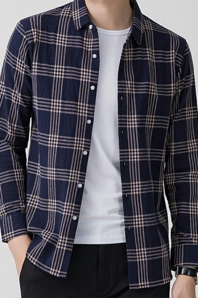 Guy's Boyish Shirt Plaid Pattern Turn-down Collar Regular Fit Long Sleeves Button Down Shirt