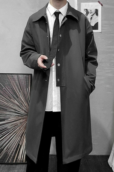 Guys Casual Trench Coat Plain Side Pocket Button Closure Long Sleeves Knee Length Trench Coat