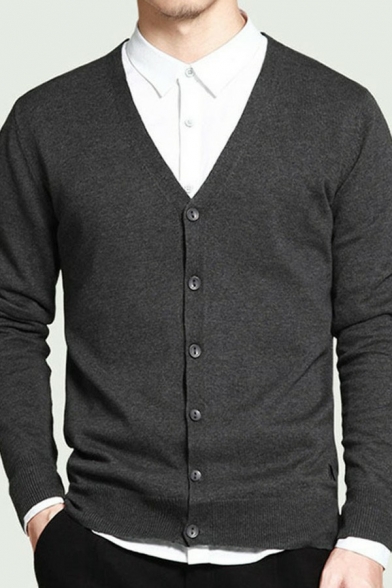 Guys Modern Cardigan Solid Ribbed Cuff V-Neck Long-Sleeved Relaxed Fit Button Down Cardigan