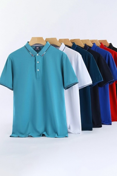 Guys Sporty Polo Shirt Contrast Trim Collar Button Up Short Sleeve Slim Fit Polo Shirt