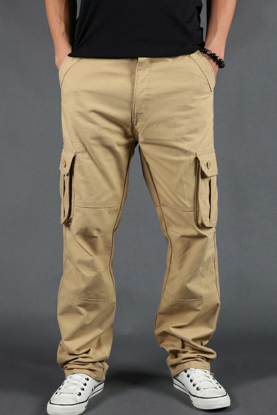 Men Boyish Pants Pure Color Pocket Design Zipper Full Length Relaxed Fit Cargo Pants