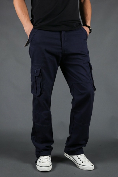 Men Boyish Pants Pure Color Pocket Design Zipper Full Length Relaxed Fit Cargo Pants