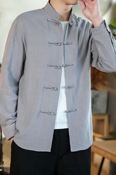 Men Chic Coat Solid Button-up Stand Collar Loose Long-sleeved Coat