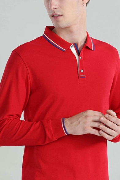 Men Elegant Polo Shirt Solid Contrast Line Lapel Collar Long-Sleeved Relaxed Button-up Polo Shirt