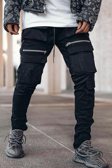 Men Leisure Cargo Pants Solid Color Elastic Closure Pocket Slim Fitted Cargo Pants with Pockets