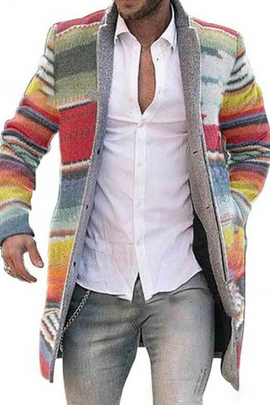 Men's Boyish Coat Stripe Pattern Button Closure Long Sleeve Pocket Relaxed Coat