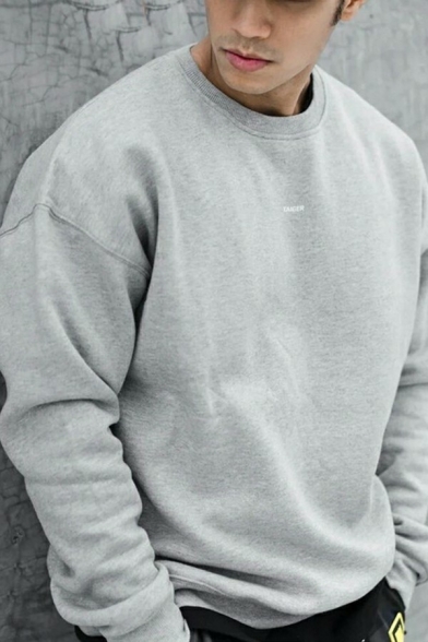Men's Cozy Sweatshirt Pure Color Long-sleeved Round Neck Baggy Sweatshirt