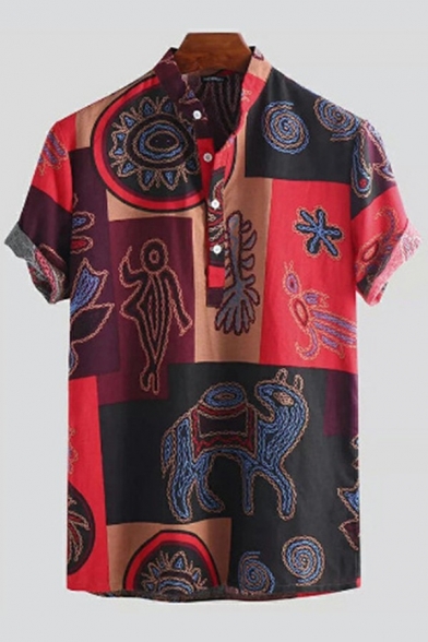 Men's Retro Shirt Tribal Printed Short Sleeve Point Collar Button Closure Regular Fitted Shirt