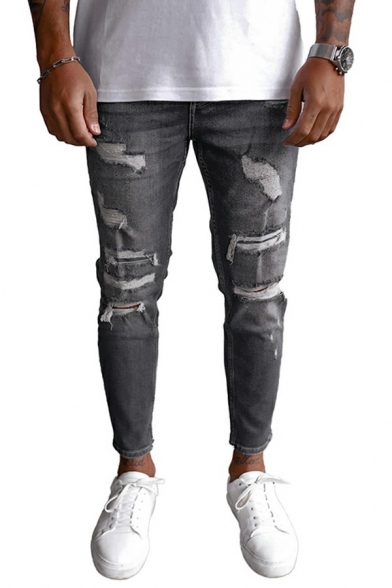 Men Trendy Jeans Solid Color Distressed Effect Zip Closure Pocket Detail Ankle Length Slim Jeans