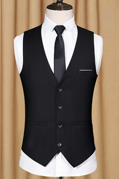 Men Urban Suit Vest Whole Colored Chest Pocket Sleeveless Regular Fit V-Neck Button Fly Suit Vest