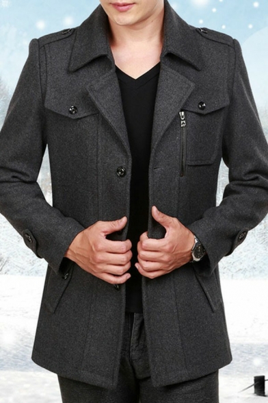 Men Vintage Coat Solid Color Pocket Decorate Button Fly Collar Long-sleeved Regular Coat