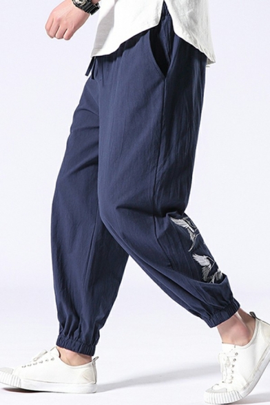 Mens Chic Trousers Crane Print Drawcord Elastic Waist Mid-Rise Baggy Pants