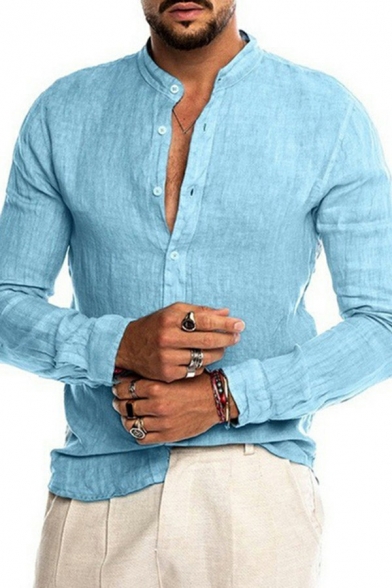 Mens Cool Shirt Solid Color Stand Collar Regular Fit Long Sleeve Button Placket Shirt
