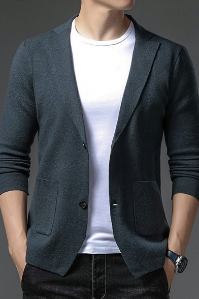 Modern Cardigan Plain Notched Collar Pocket Decoration Long Sleeves Slim Button-up Cardigan for Men