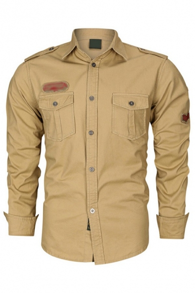 Modern Mens Shirt Solid Color Long Sleeves Lapel Collar Pocket Detail Curved Hem Slim Fitted Shirt