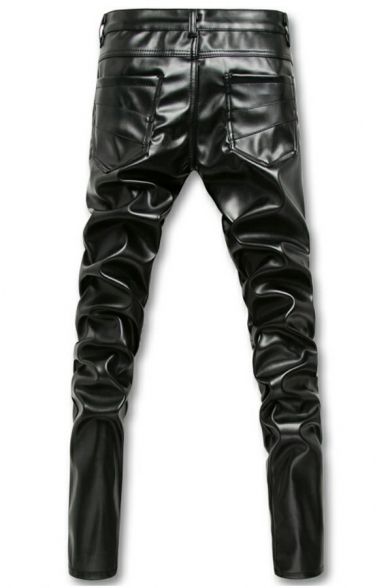 Modern Pants Solid Zipper Detailed Mid Rise Ankle Length Slim Zip Closure Leather Pants for Men