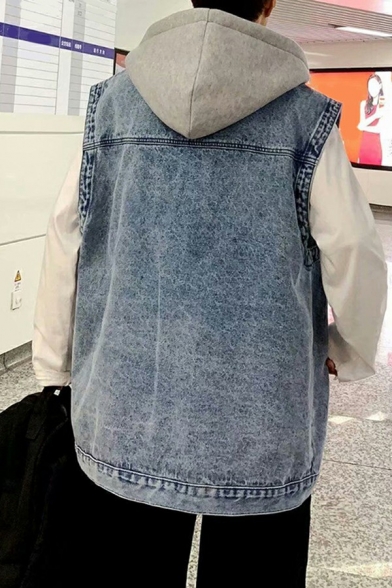 Popular Guy's Vest Pure Color Pocket Detailed Lapel Collar Baggy Button Down Hooded Denim Vest