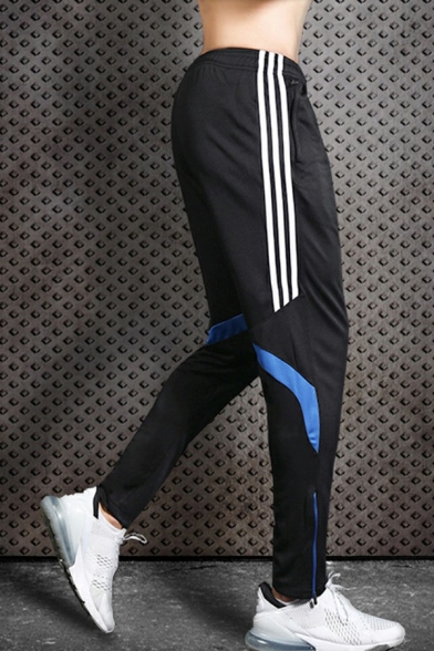Sporty Mens Pants Stripe Pattern Mid-Rise Elastic Waist Full Length Slim Fit Pants