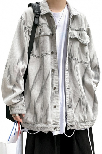 Street Style Jacket Whole Colored Button Up Collar Loose Fitted Long Sleeve Denim Jacket for Men