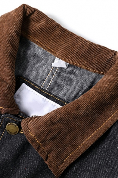 Stylish Contrast Panel Jacket Turn Down Collar Button Clolsure Multi-Pockets Loose Fit Denim Jacket for Men