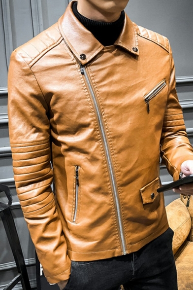 Stylish Jacket Solid Zip Detailed Pocket Design Long Sleeve Slim Fitted Leather Jacket for Guys