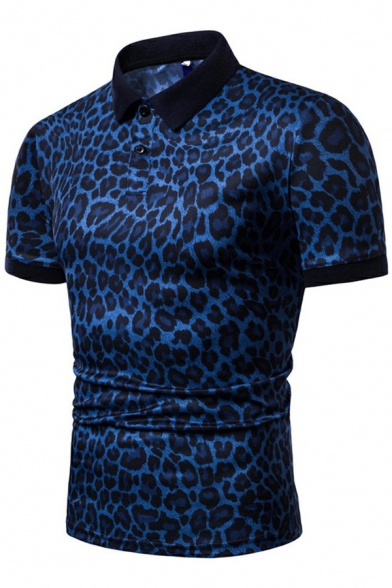 Stylish Mens Polo Shirt Leopard Pattern Short Sleeves Turn down Collar Slim Fit Polo Shirt
