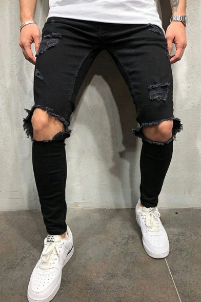 Stylish Plain Jeans Zipper Fly knee Cut Ankle Length Slim Fitted Jeans for Men
