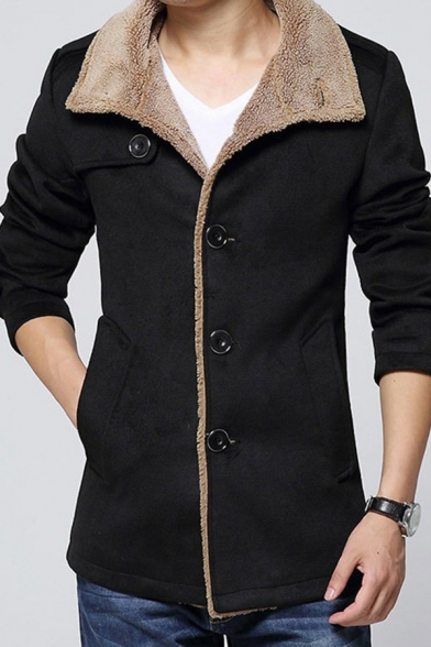 Thermal Men's Coat Whole Colored Stand Collar Fleece Lined Button-up Long Sleeve Fitted Coat