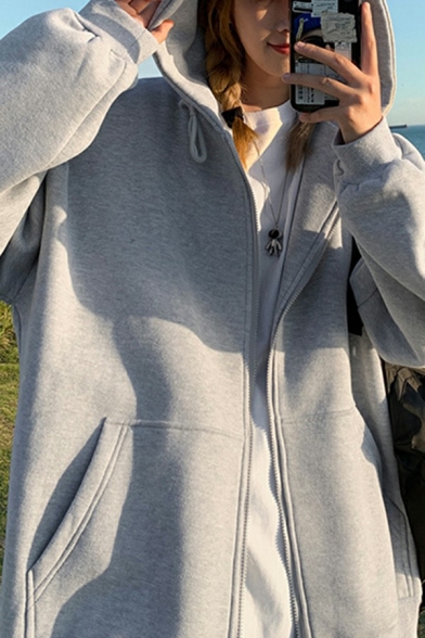Trendy Hooded Sweatshirt Solid Color Zip Up Drawcord Long-Sleeved Regular fit Hoodie for Men
