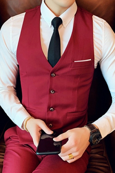 Trendy Mens Suit Vest Plain V-Neck Sleeveless Button Closure Breast Pocket Slim Fit Suit Vest