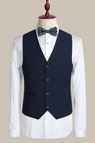Trendy Suit Vest Plain V-Neck  Sleeveless Pockets Detail Slim Fit Suit Vest for Men