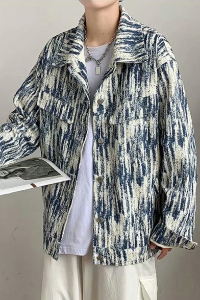 Unique Guys Denim Jacket Button Down Tie-Dyed Printed Spread Collar Chest Pockets Long Sleeve Loose Jacket
