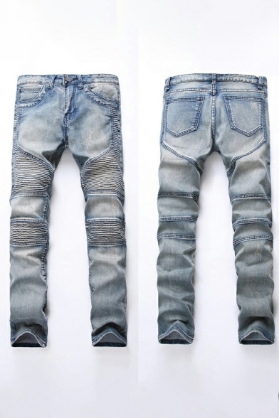 Vintage Jeans Faded Wash Zip Fly Pleated Detail Full Length Slim Fit Jeans for Guys