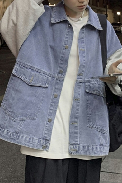 Warm Mens Jacket Color Block Single-Breasted Side Pocket Raglan Long Sleeve Baggy Denim Jacket