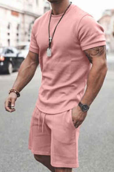 Athletic Men's Set Whole Colored Round Neck Drawcord Short-sleeved Knee Length Shorts Loose Set