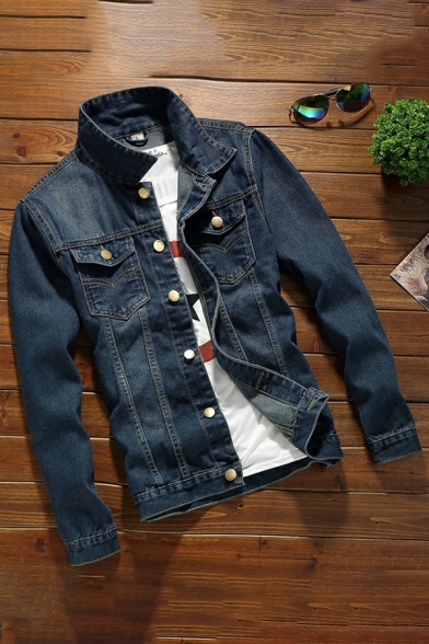 Basic Denim Jacket Contrast Line Print Flap Pocket Spread Collar Button Closure Long Sleeve Slim Fit Denim Jacket for Men