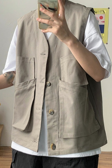Boyish Vest Whole Colored V-Neck Button Fly Pocket Detail Oversized Vest for Guys
